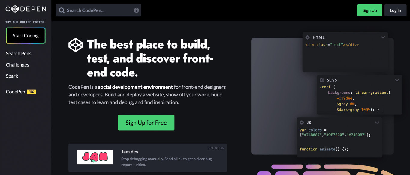 CodePen website homepage