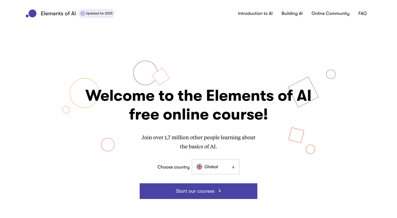 Elements of AI website homepage
