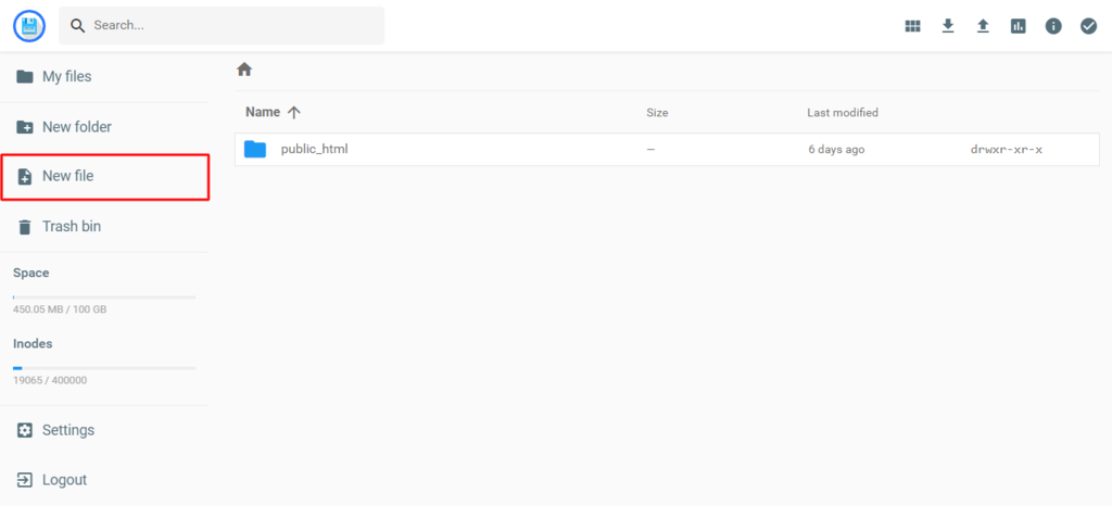New File button on hPanel's File Manager highlighted