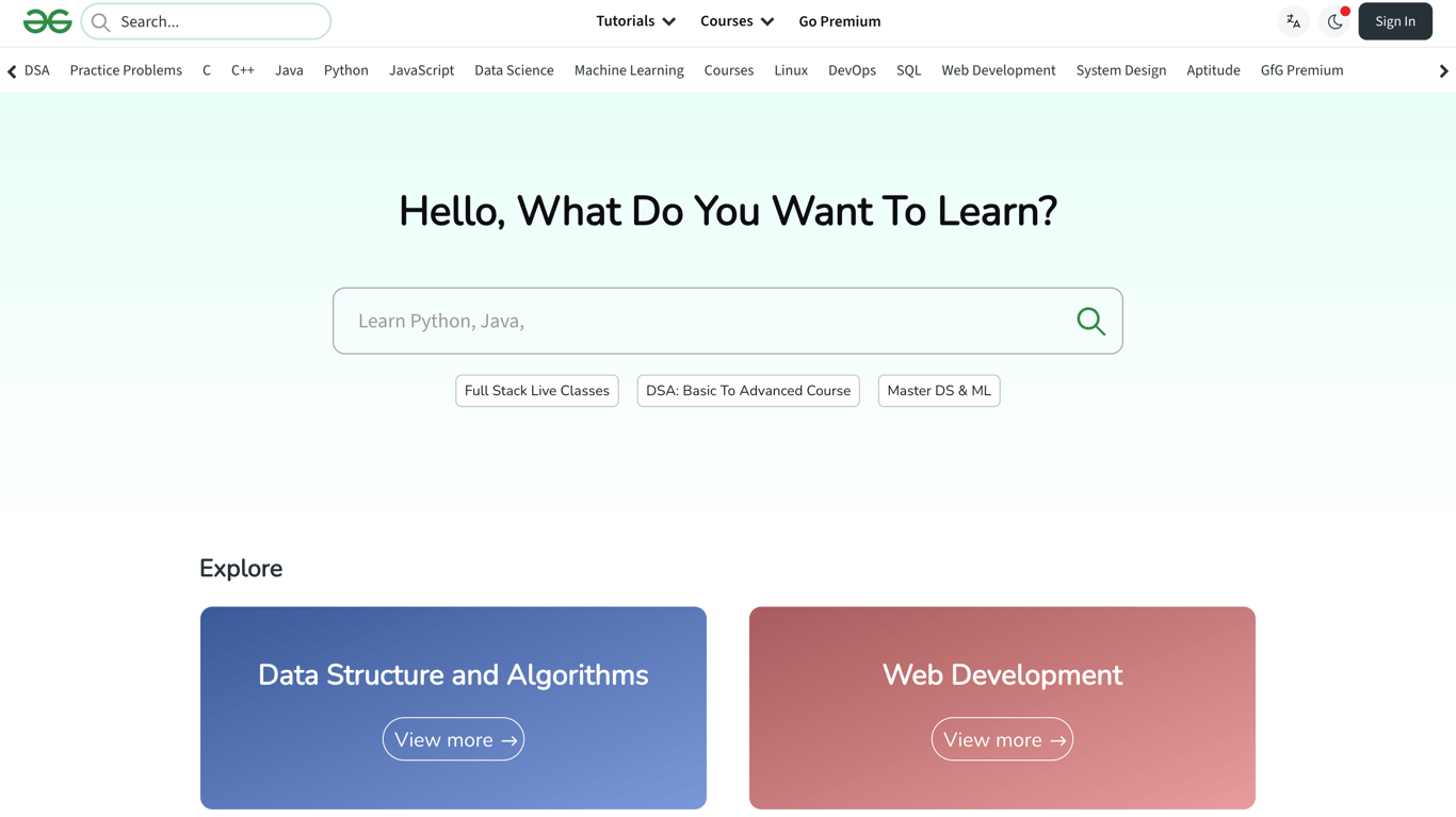 GeeksforGeeks website homepage