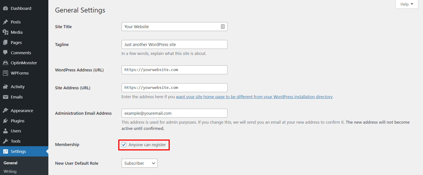 WordPress general settings