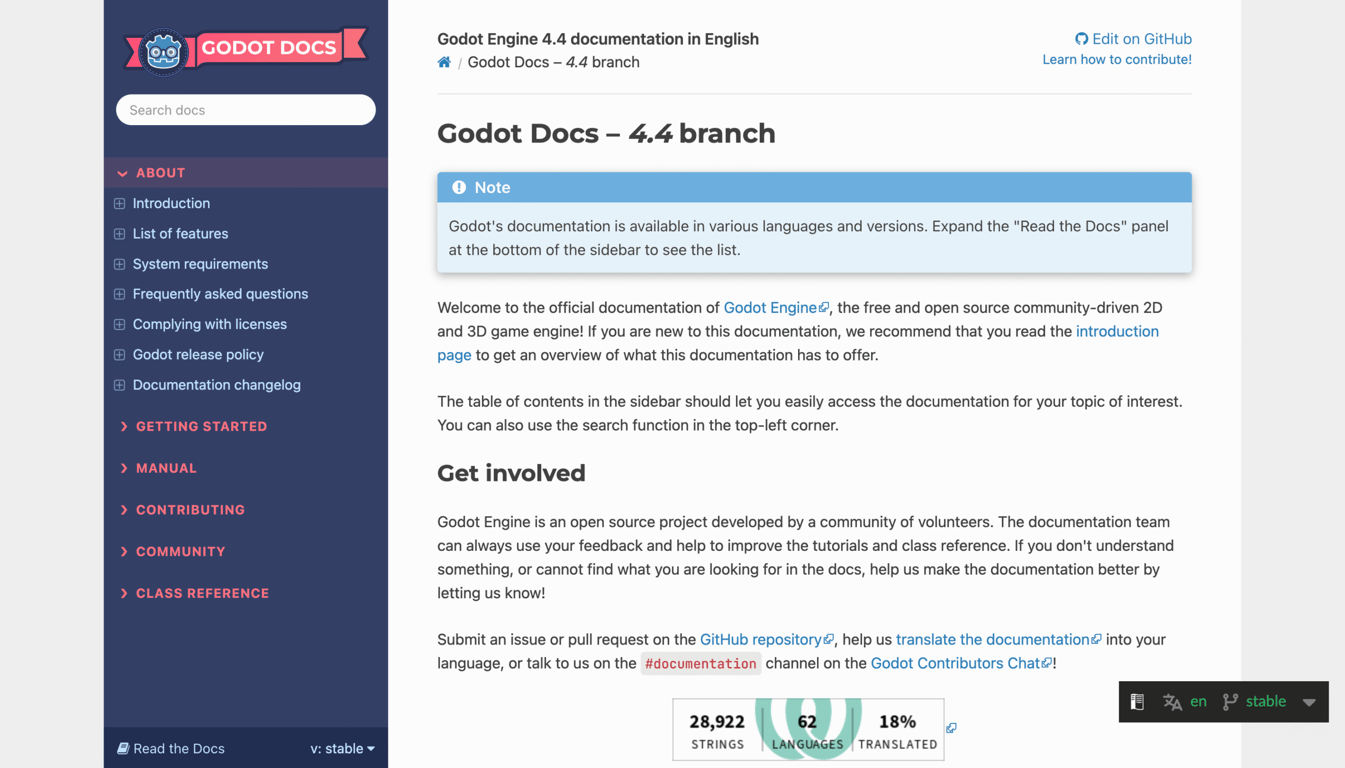 Godot Docs website homepage