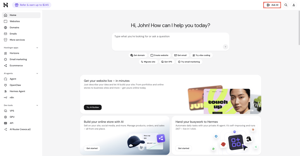 The Ask AI button in hPanel
