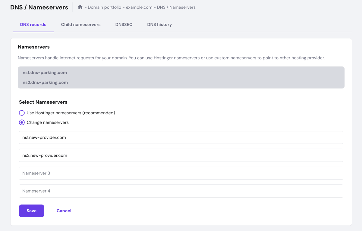 The Select Nameservers options in hPanel