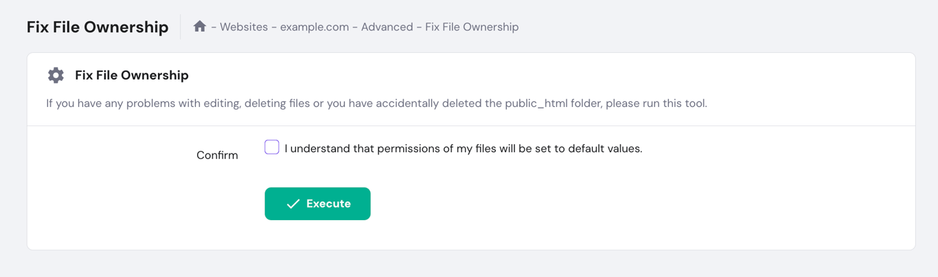 The Fix File Ownership menu in hPanel
