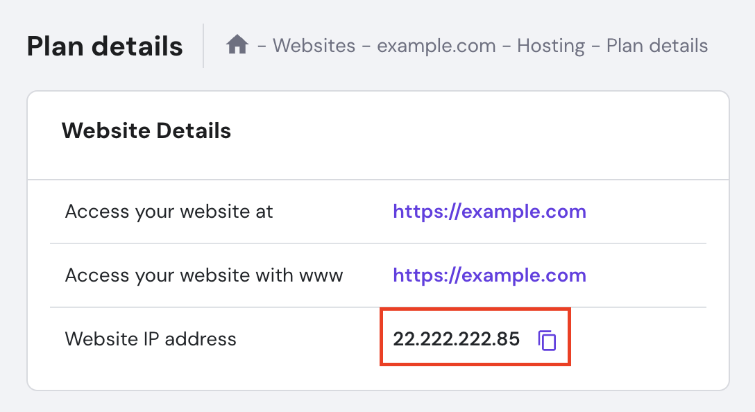 The website's IP address information in hPanel
