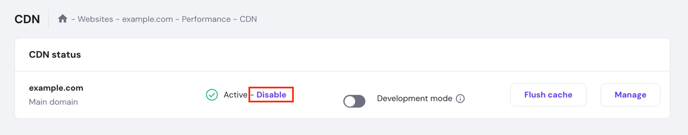 The Disable button in the CDN menu of hPanel