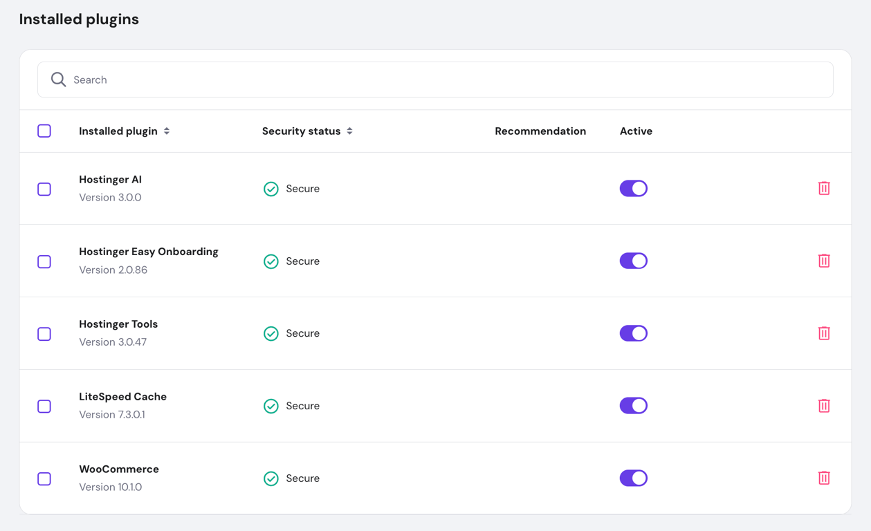 The Installed plugins section in hPanel