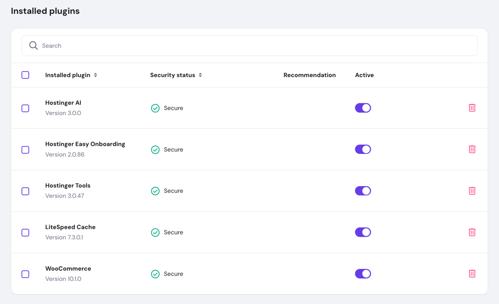 The Installed plugins section in hPanel