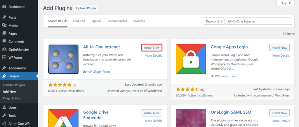 Add Plugins section, highlighting install All-In-One Intranet
