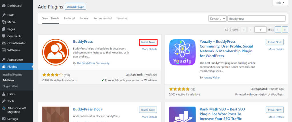 Add Plugins section, highlighting Install BuddyPress