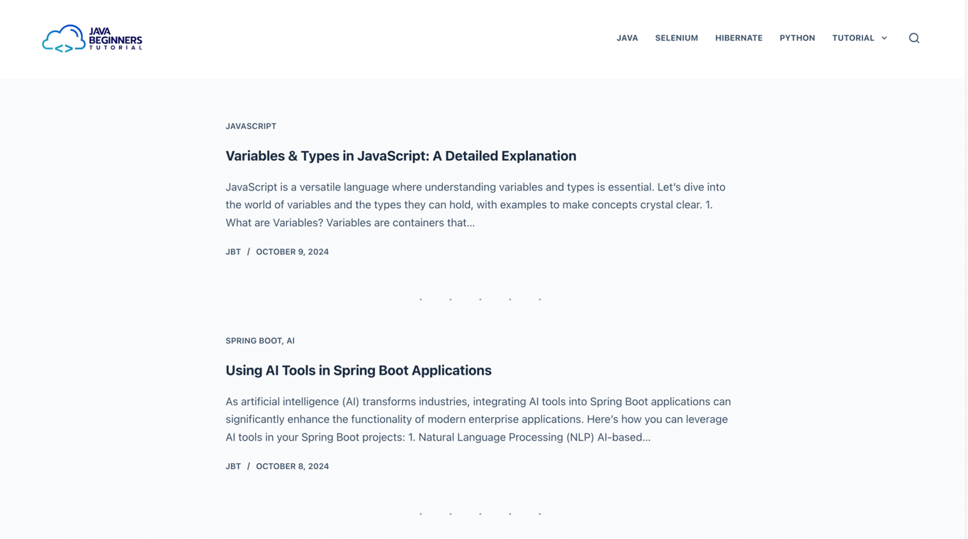 Java Beginners Tutorial website homepage