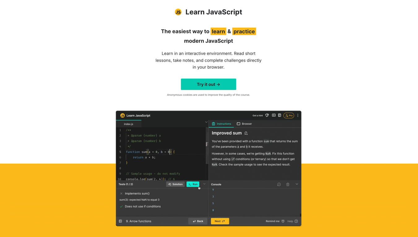 Learn JavaScript homepage