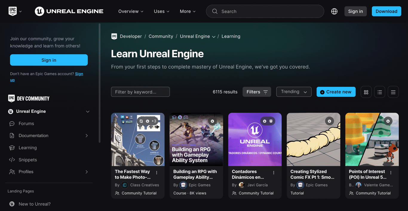 The Unreal Online Learning page on the Unreal Engine website