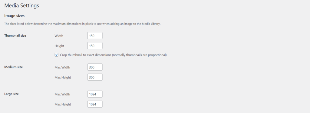 WordPress media settings.