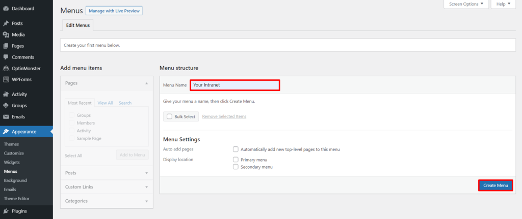 WordPress menus section