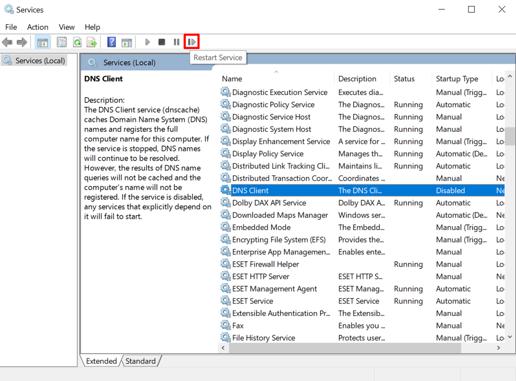 Restarting DNS Client on Windows Services Manager.