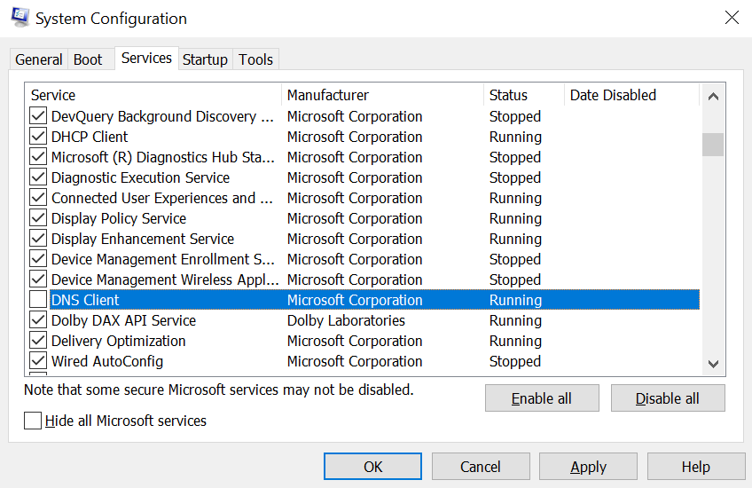 Disabling DNS Client on MSConfig.