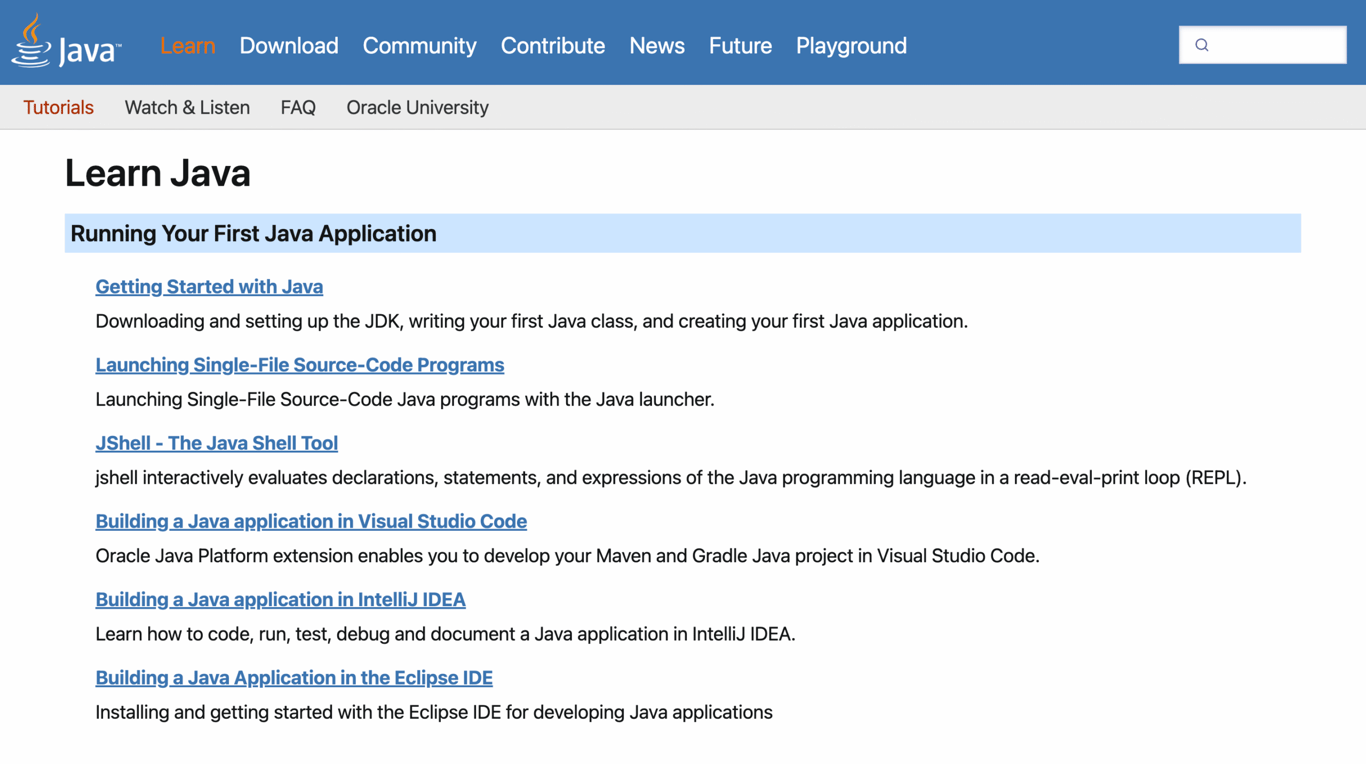 The Oracle's Learn Java homepage