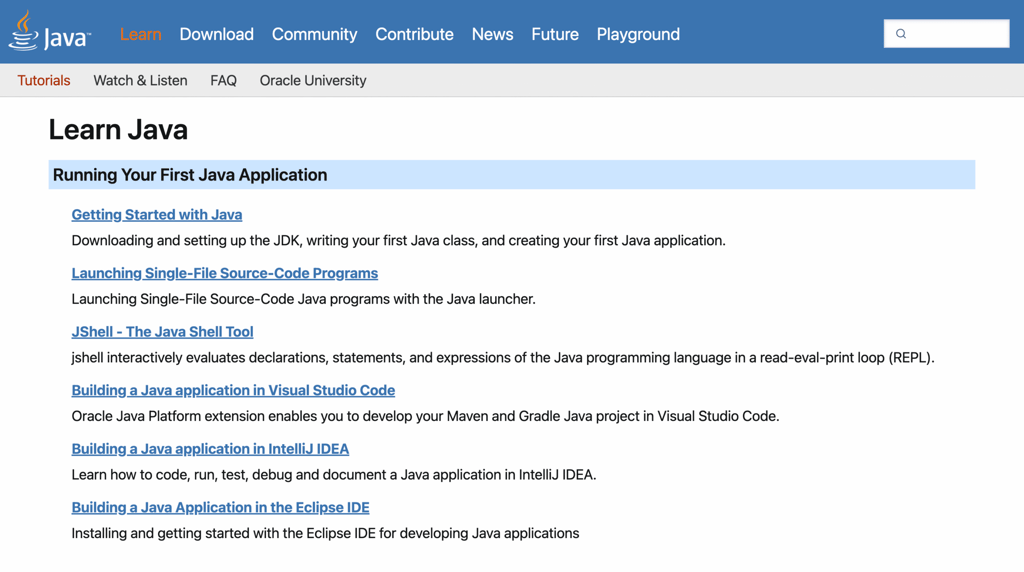 The Oracle's Learn Java homepage