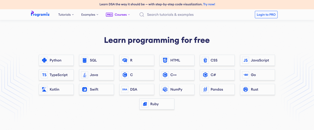 Programiz website homepage