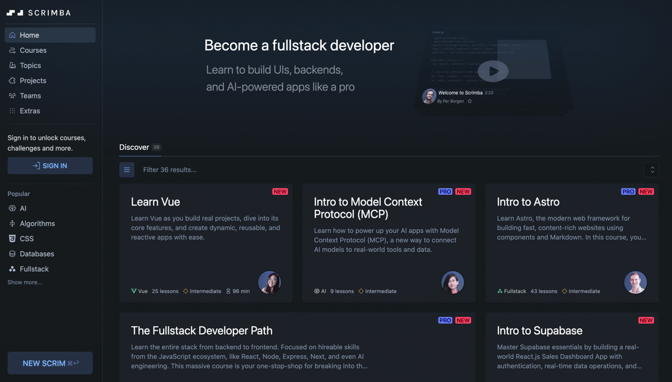 Scrimba website homepage