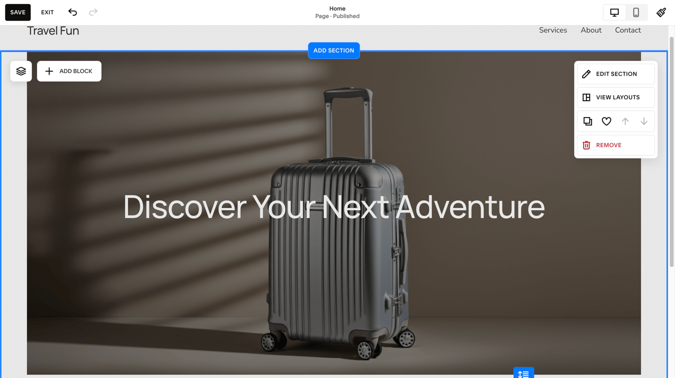 Squarespace's site editor interface