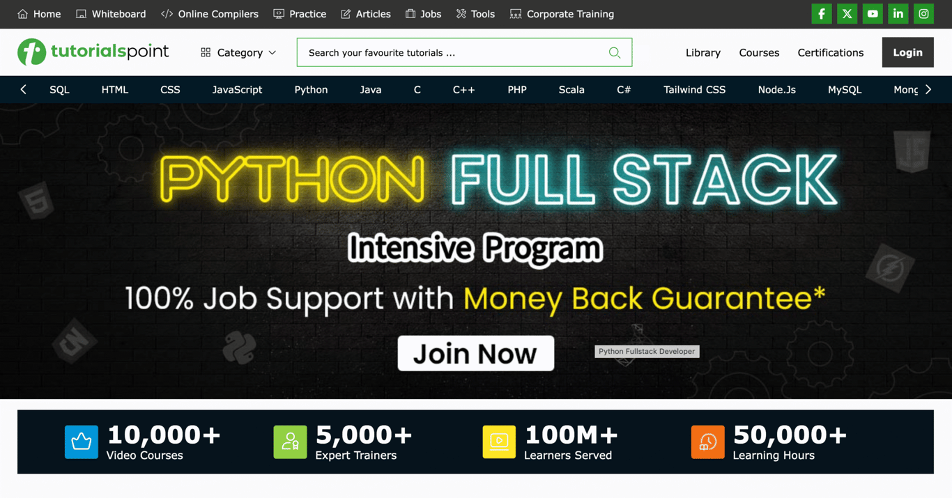 Tutorials Point website homepage 