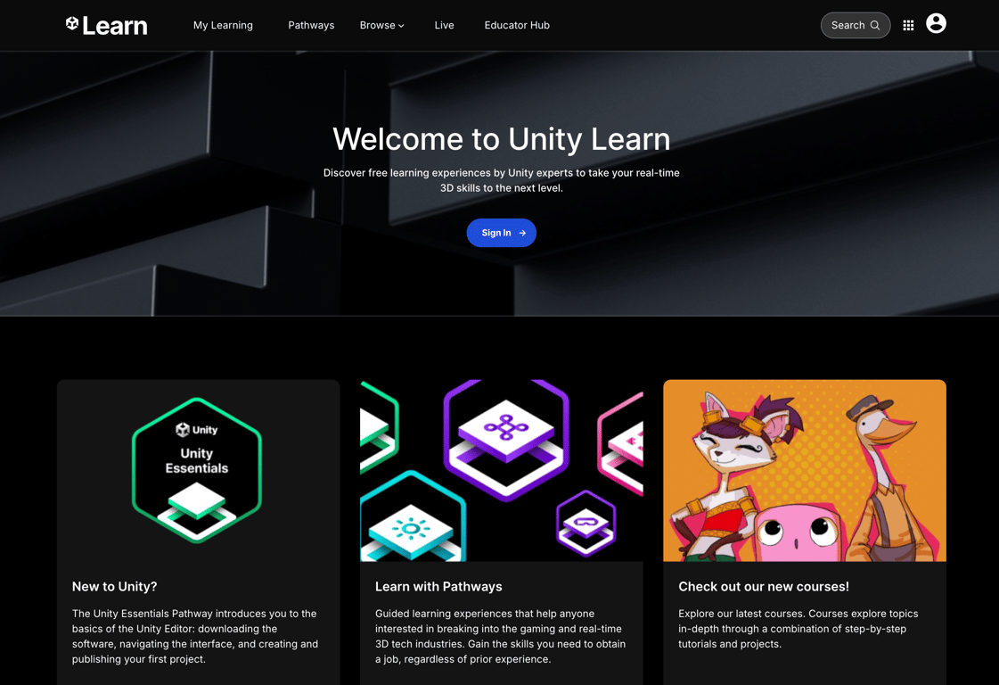 Unity Learn website homepage