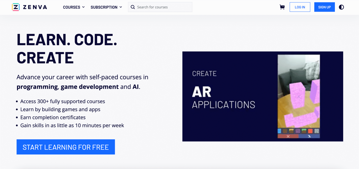 Zenva Academy website homepage