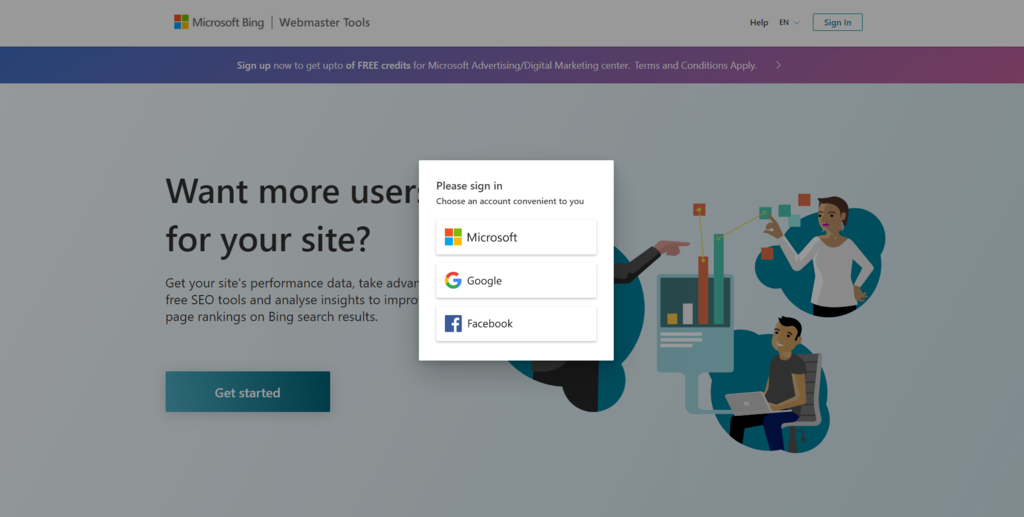 Choosing an account to sign in to Bing Webmaster Tools