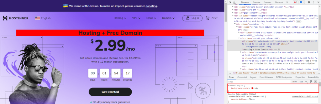 Changing a background style using Inspect Element on Chrome.