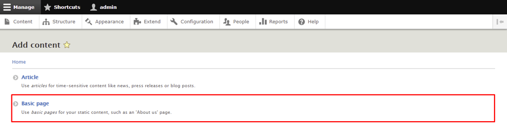 Screenshot from the Drupal dashboard showing where to click to create a basic page