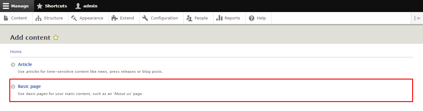 Screenshot from the Drupal dashboard showing where to click to create a basic page