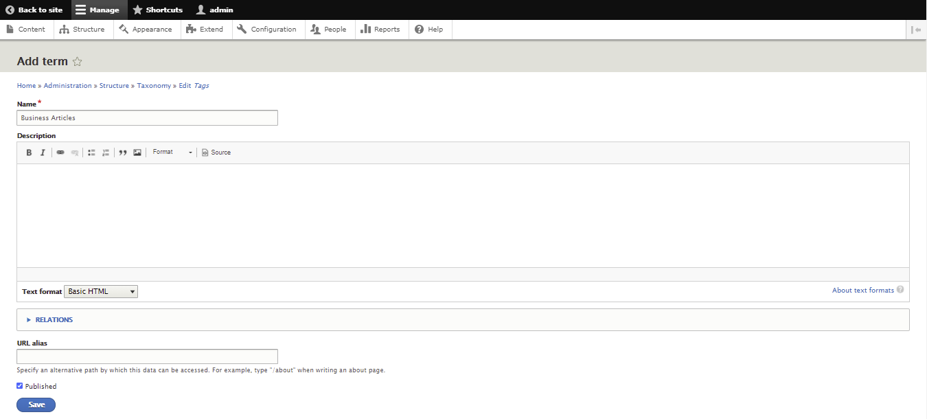 Screenshot from the Drupal dashboard showing how to add the term business articles