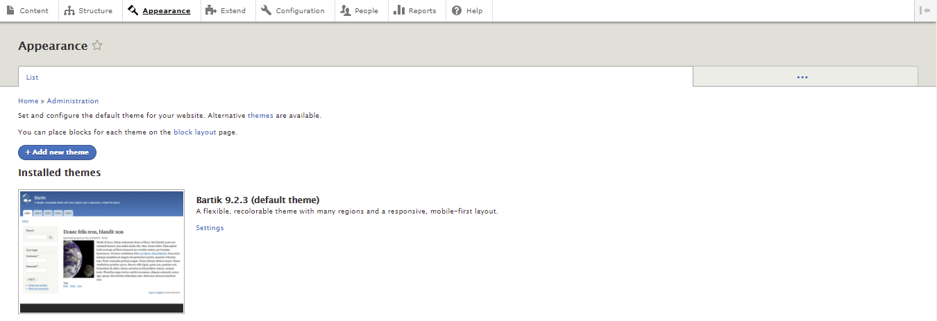 Screenshot showing how to view installed Drupal themes