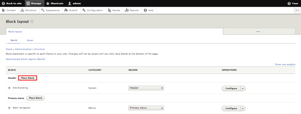 Screenshot from the Drupal's block layout page showing where to click to place block in the header region
