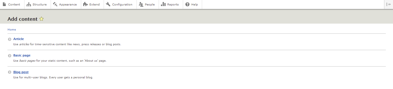 Screenshot from the Drupal dashboard showing where to select the Blog post