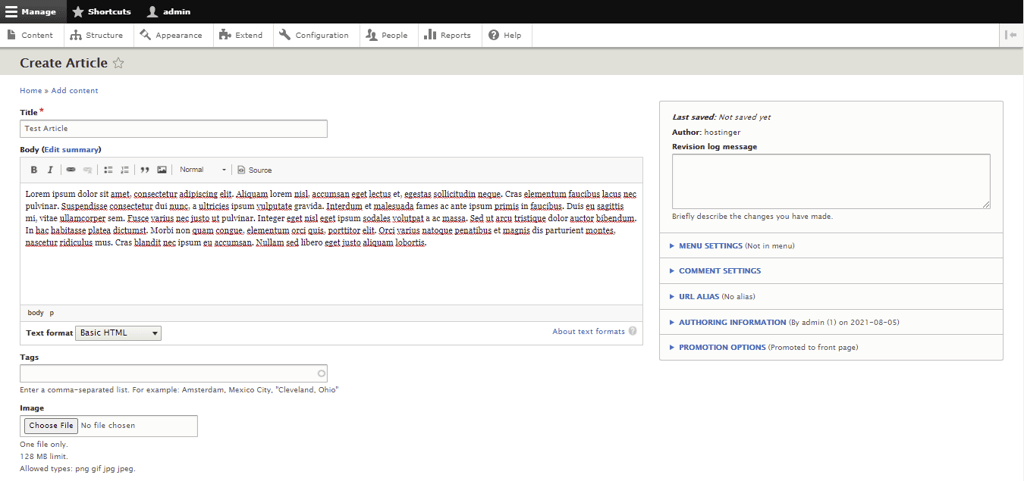 Screenshot from the Drupal dashboard showing how to create an article