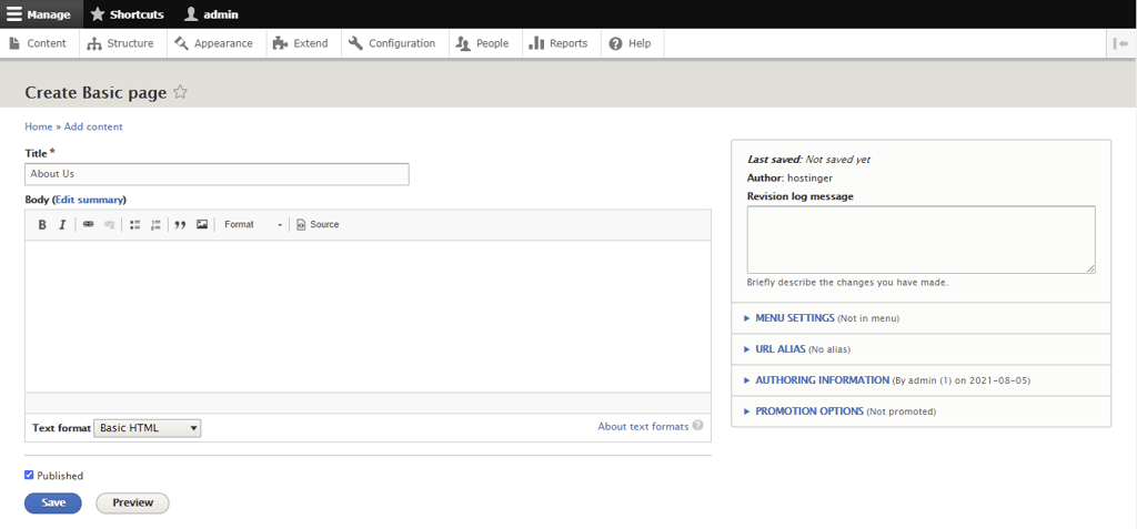 Screenshot from the Drupal dashboard showing where to create the basic page - add title, body, and choose text format