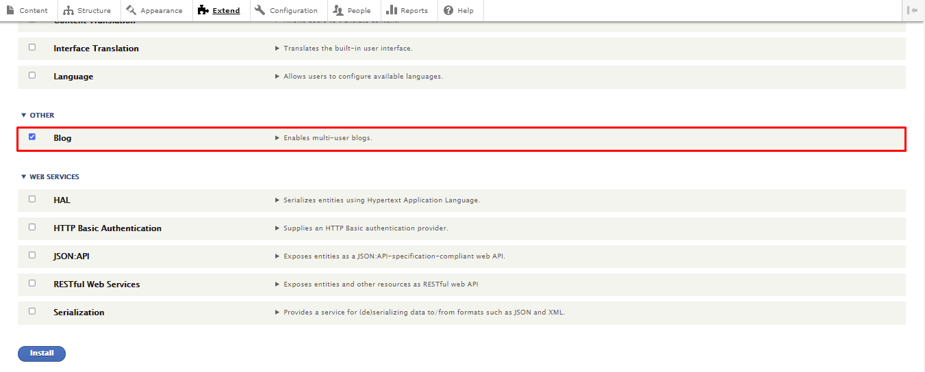 Screenshot showing where to check the box to install the blog module