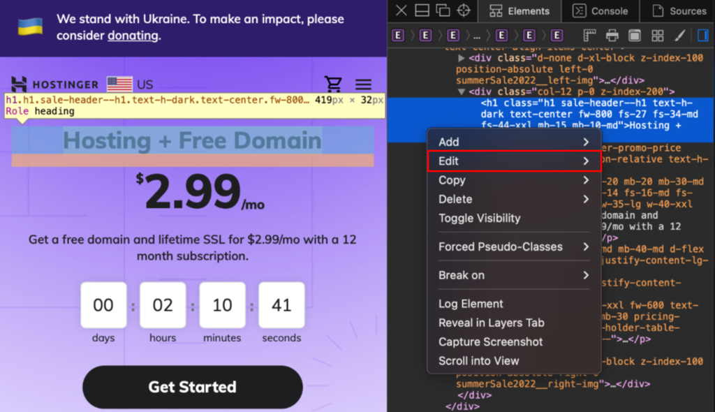 Editing a code using Web Inspector on Safari.