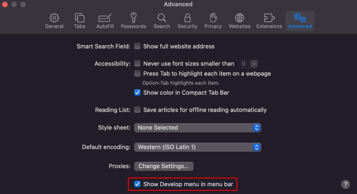 Enabling the Develop menu on Safari.
