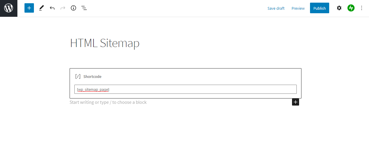 Inserting the shortcode to add the HTML sitemap.