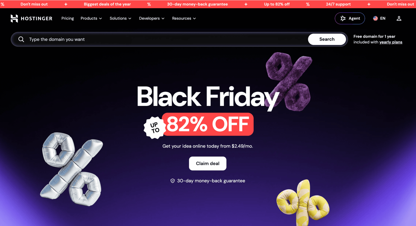 Hostinger homepage with the Black Friday sale banner