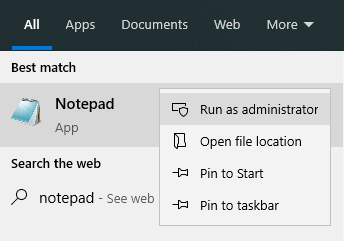 Right-clicking on Notepad and selecting Run as administrator on Windows