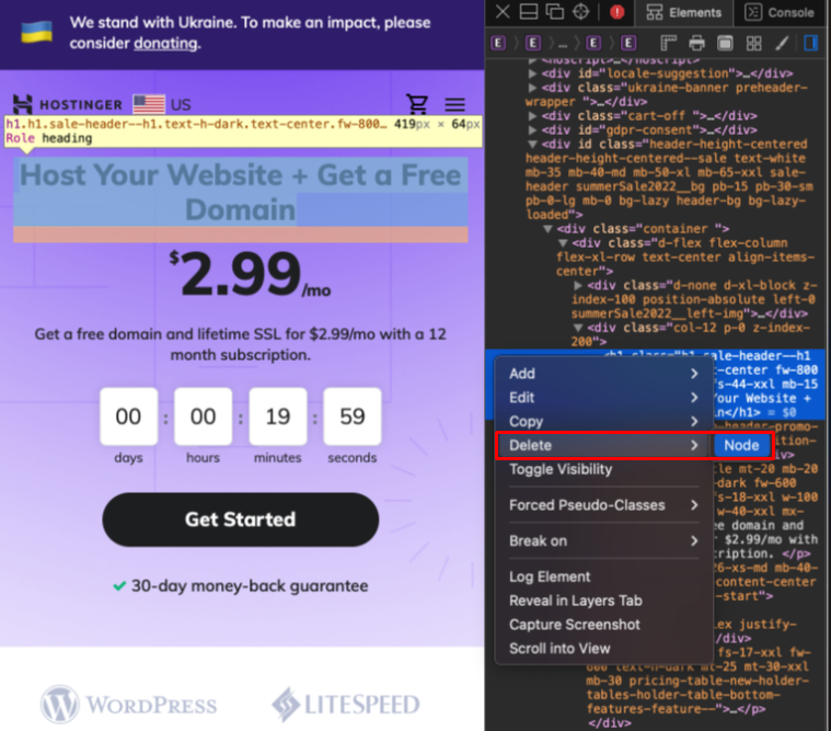 Removing a node using Web Inspector on Safari.