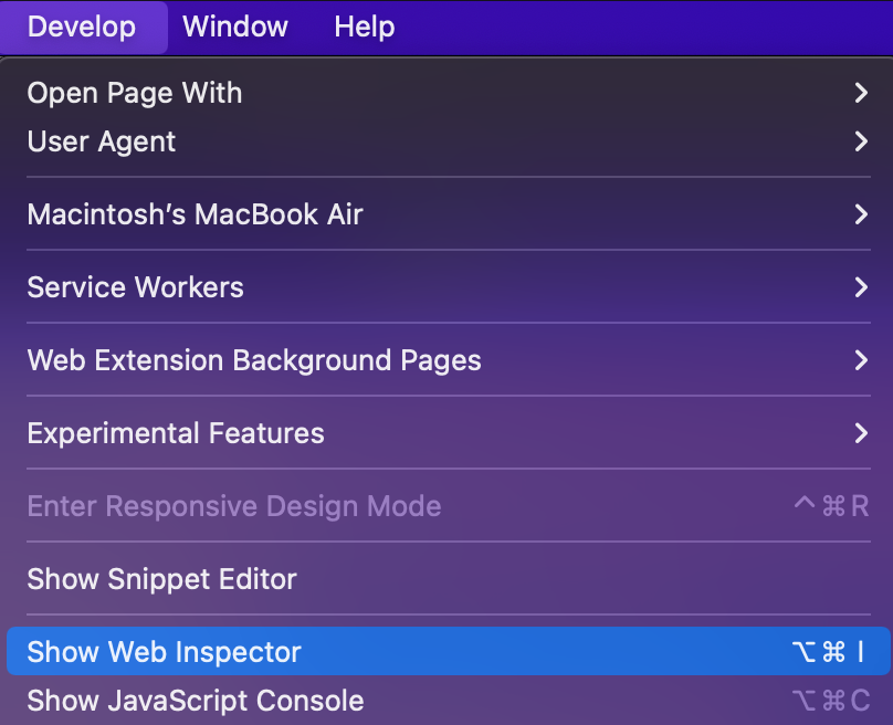 Showing Web Inspector on Safari.