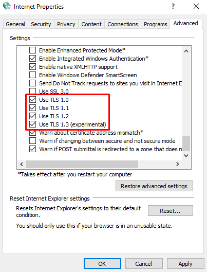 The TLS version checkboxes under the Advanced tab in Windows' Internet Properties settings