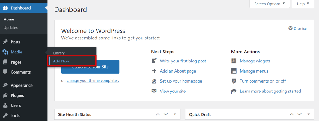 Screenshot from the WordPress dashboard showing where to find Media and click on Add New.